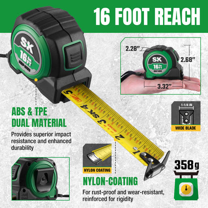 Tape measure with green and black casing and yellow measuring tape, showing features like '16 Foot Reach' and 'ABS & TPE Dual Material'.