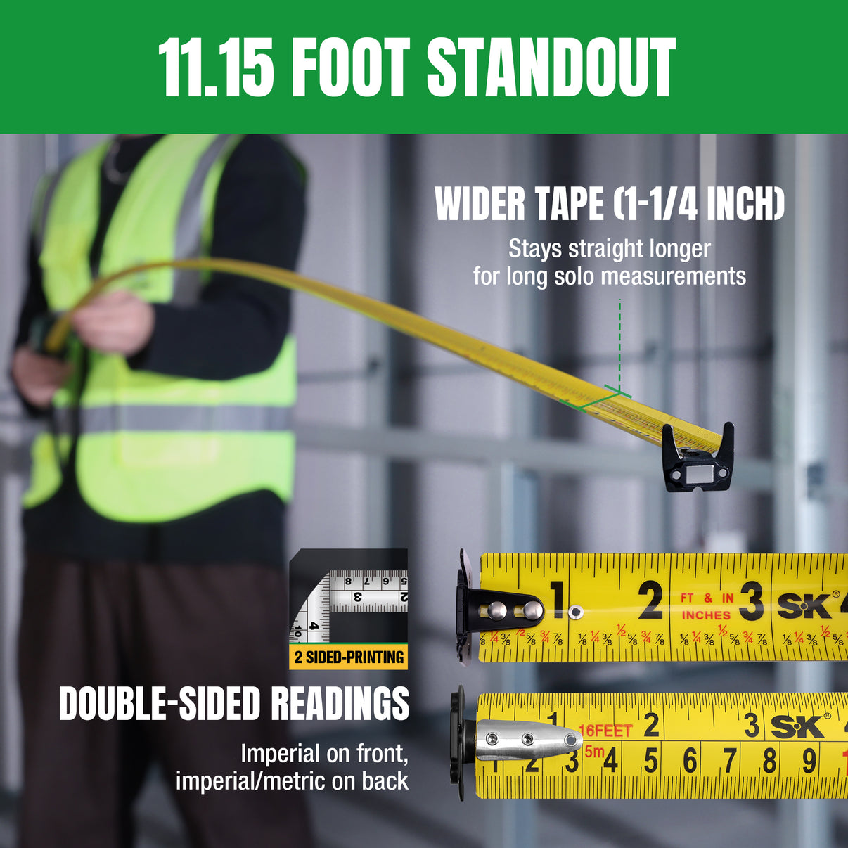 Person holding a long tape measure with text highlighting features like '11.15 Foot Standout' and 'Wider Tape'.