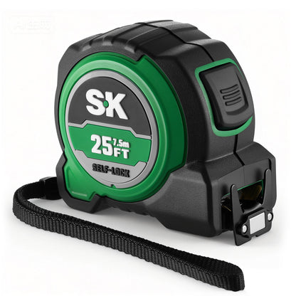 Black and green tape measure with 'SK' branding on a white background