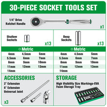 Load image into Gallery viewer, 30 Piece 1/4&quot; Drive, 6 Point, Standard &amp; Deep, Metric Chrome Socket Set
