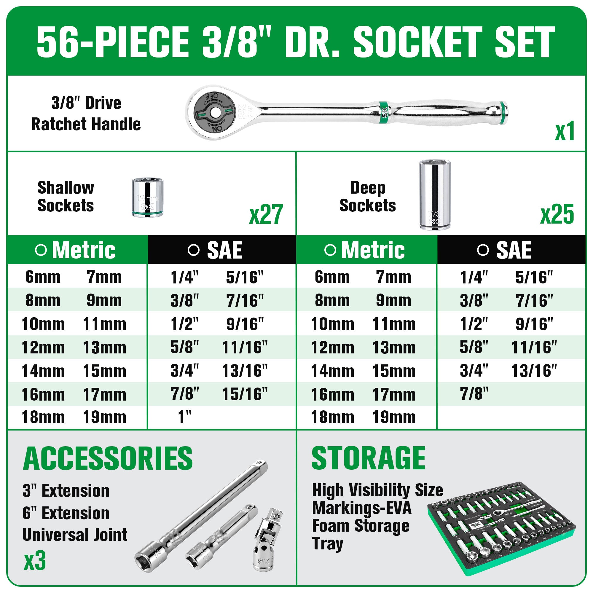 SK01307-216P - 56 Piece 3/8" Drive, 6 Point, Standard & Deep, SAE & Metric Chrome Socket Set View 2