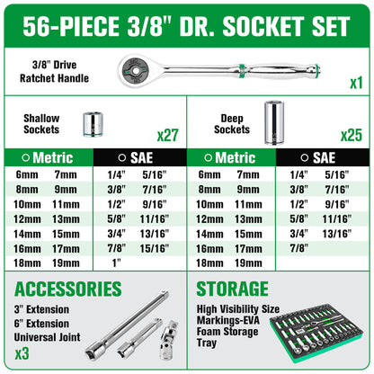 SK01307-216P - 56 Piece 3/8" Drive, 6 Point, Standard & Deep, SAE & Metric Chrome Socket Set View 2