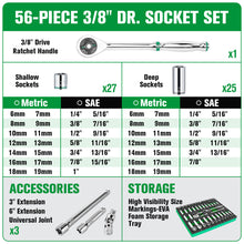 Load image into Gallery viewer, 56 Piece 3/8&quot; Drive, 6 Point, Standard &amp; Deep, SAE &amp; Metric Chrome Socket Set
