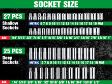 Load image into Gallery viewer, 56 Piece 3/8&quot; Drive, 6 Point, Standard &amp; Deep, SAE &amp; Metric Chrome Socket Set
