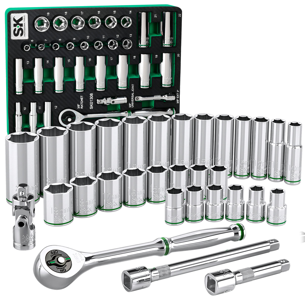 SK01308-216P - 31 Piece 3/8" Drive, 6 Point, Standard & Deep, Metric Chrome Socket Set