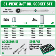 Load image into Gallery viewer, 31 Piece 3/8&quot; Drive, 6 Point, Standard &amp; Deep, Metric Chrome Socket Set
