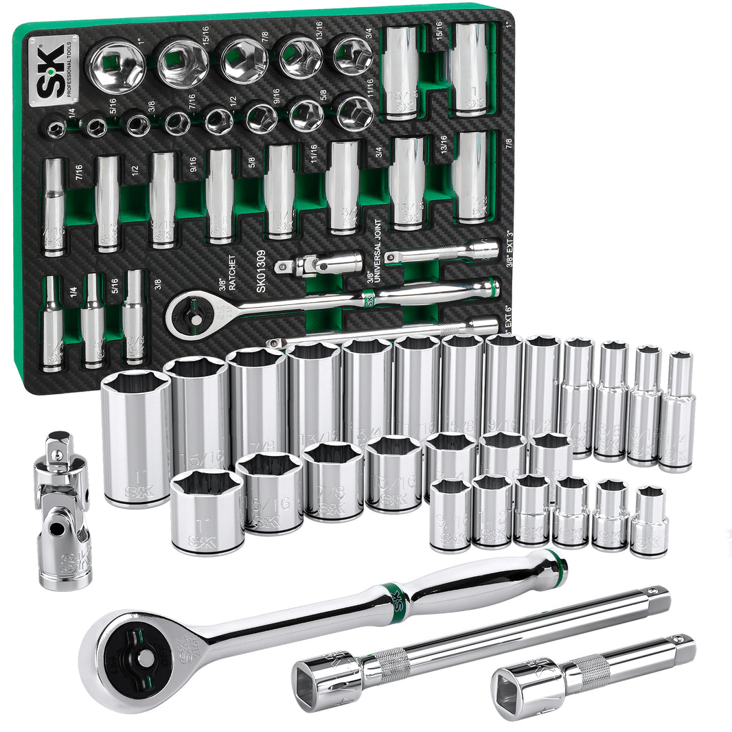 SK01309-216P - 30 Piece 3/8" Drive, 6 Point, Standard & Deep, SAE Chrome Socket Set