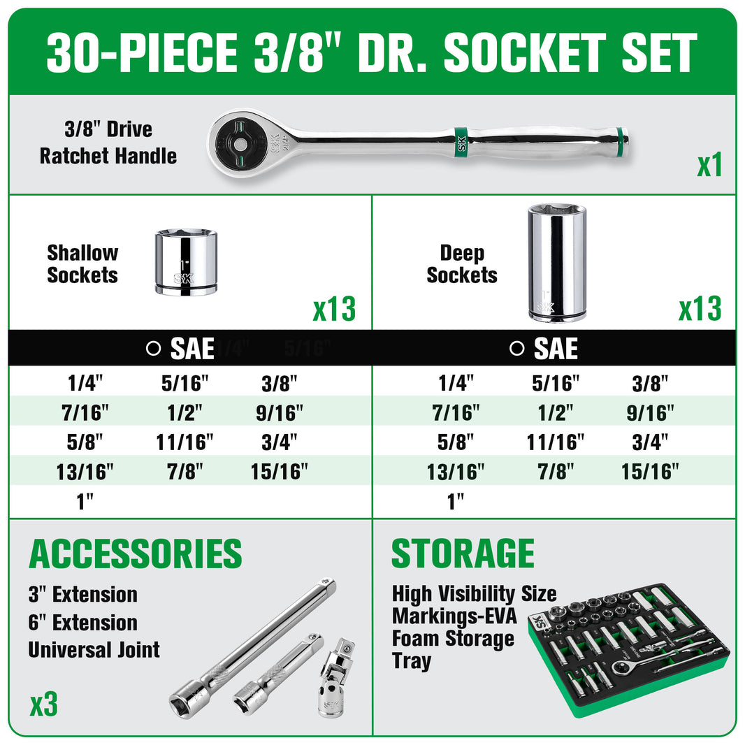 SK01309-216P - 30 Piece 3/8" Drive, 6 Point, Standard & Deep, SAE Chrome Socket Set View 2