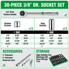 Load image into Gallery viewer, 30 Piece 3/8&quot; Drive, 6 Point, Standard &amp; Deep, SAE Chrome Socket Set
