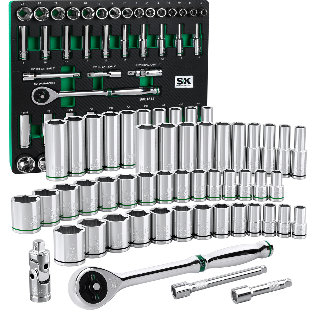 SK01314-216P - 52 Piece 1/2" Drive, 6 Point, Standard & Deep, SAE & Metric Chrome Socket Set