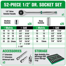 Load image into Gallery viewer, 52 Piece 1/2&quot; Drive, 6 Point, Standard &amp; Deep, SAE &amp; Metric Chrome Socket Set
