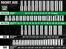 Load image into Gallery viewer, 52 Piece 1/2&quot; Drive, 6 Point, Standard &amp; Deep, SAE &amp; Metric Chrome Socket Set
