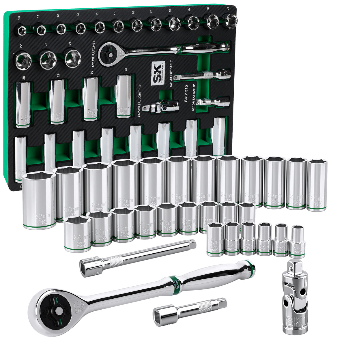 SK01315-216P - 31 Piece 1/2" Drive, 6 Point, Standard & Deep, Metric Chrome Socket Set