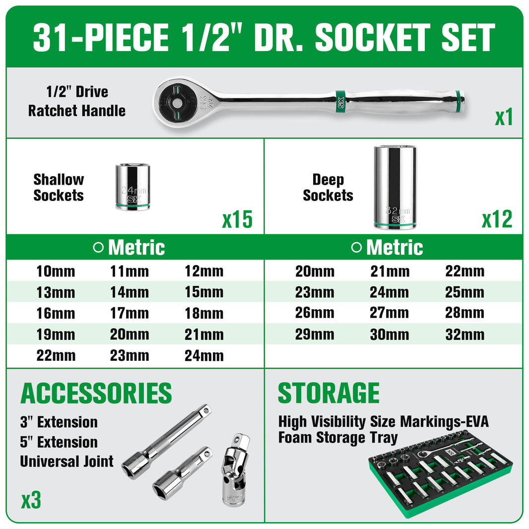 SK01315-216P - 31 Piece 1/2" Drive, 6 Point, Standard & Deep, Metric Chrome Socket Set View 2