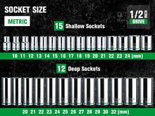 Load image into Gallery viewer, 31 Piece 1/2&quot; Drive, 6 Point, Standard &amp; Deep, Metric Chrome Socket Set
