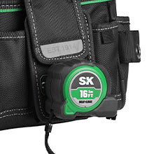 Black tool belt with a green and white logo on a white background
