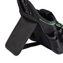 Black leather boot with a green interior on a white background