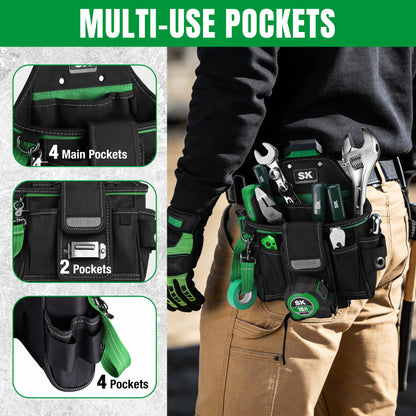 Tool belt with multiple pockets and tools, labeled 'Multi-use Pockets', on a green background.