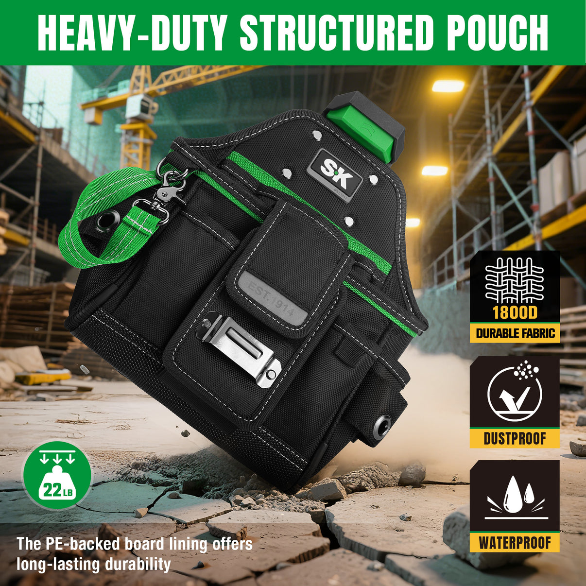 Heavy-duty structured pouch with green accents on a construction site background