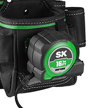 Black tool belt with a green and black tape measure attached, featuring the SK logo.