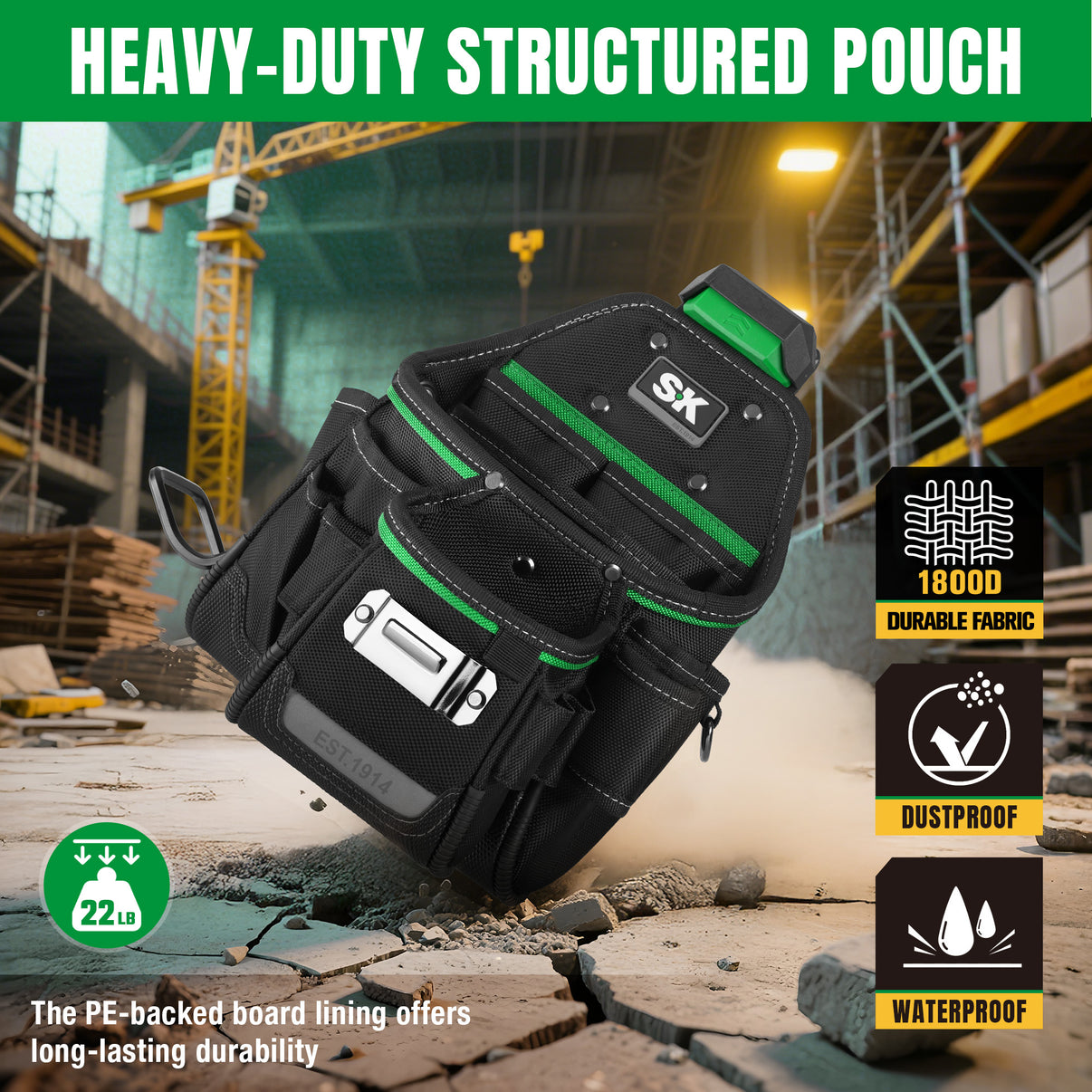 Heavy-duty structured pouch with SK logo on a construction site background
