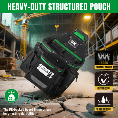 Heavy-duty structured pouch with SK logo on a construction site background