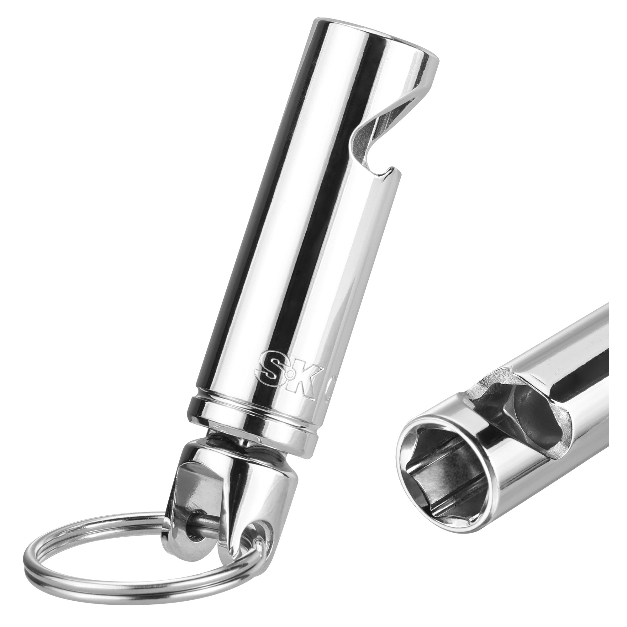 Metallic whistle with keychain on a white background