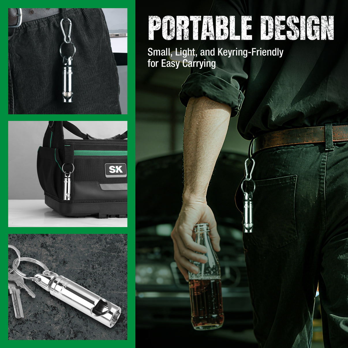 Keychain with bottle opener attached, shown on a person's belt and in various settings.