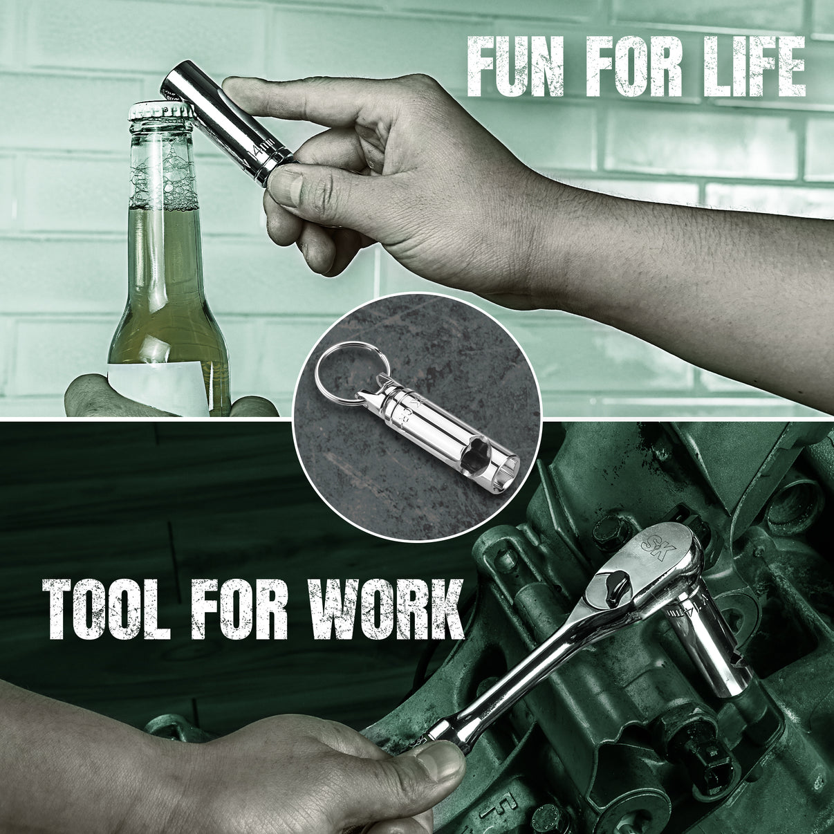 Multifunctional tool being used to open a bottle and work on machinery with 'Fun for Life' and 'Tool for Work' text.