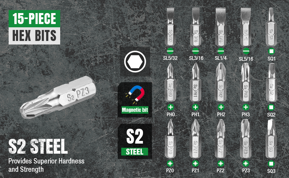 Set of 15-piece hex bits with S2 steel material on a dark background