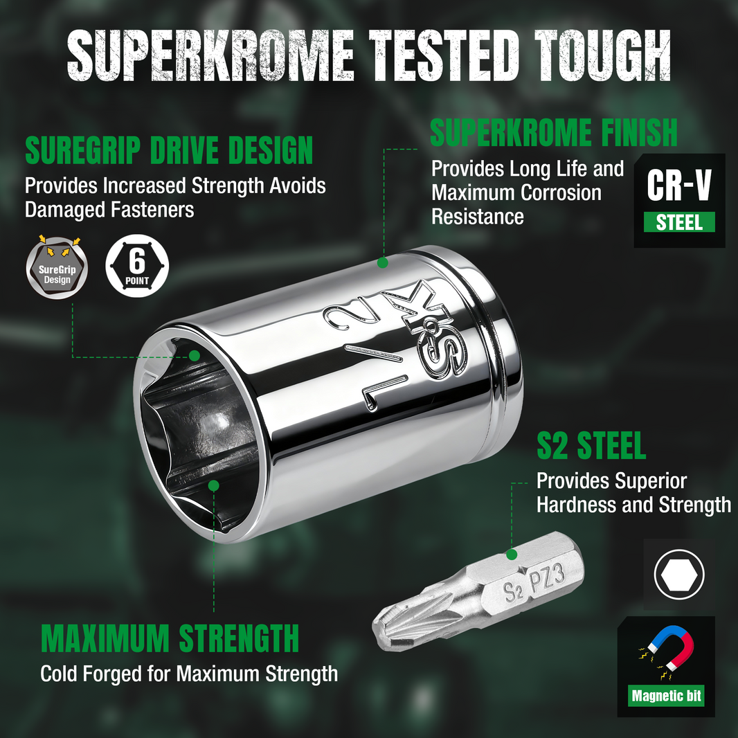 Screwdriver bit with Superkrome finish and features on a dark background