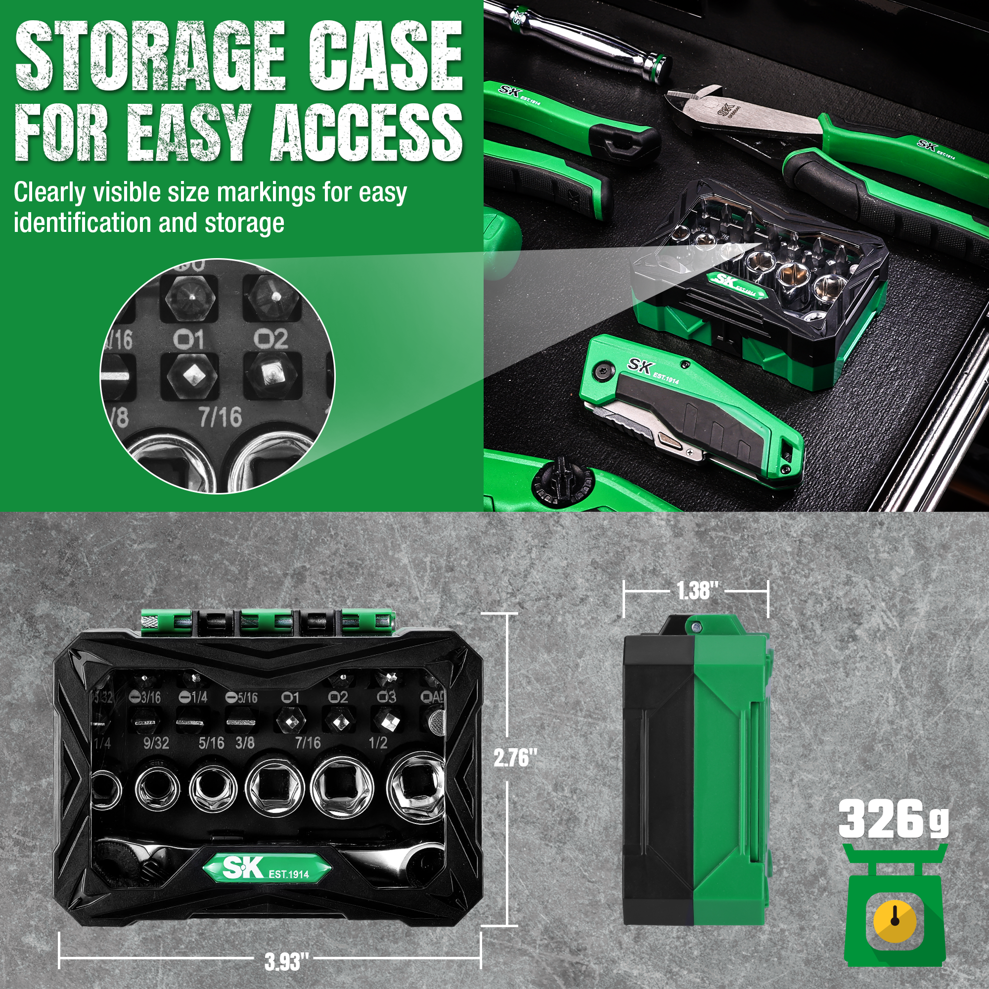 Storage case with tools and measurement details, featuring green and black colors.