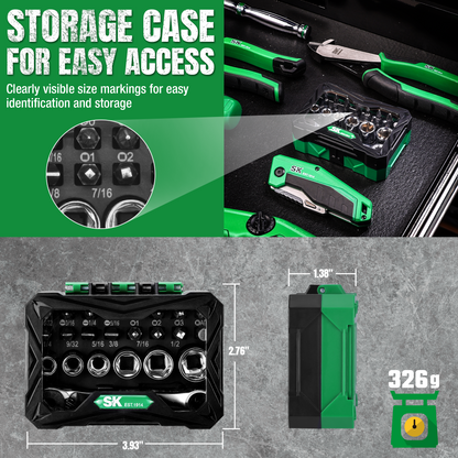 Storage case with tools and measurement details, featuring green and black colors.