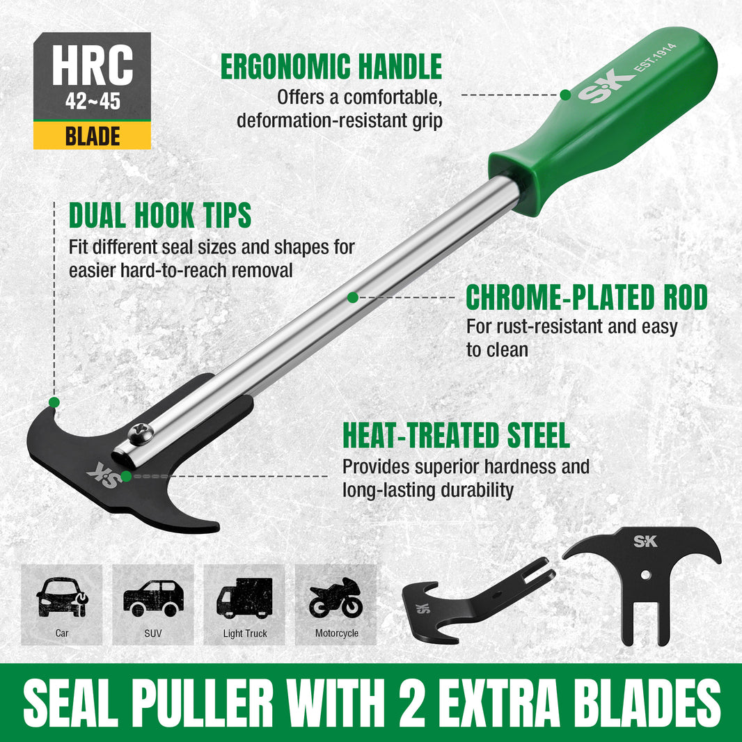 Seal puller with features highlighted on a white background