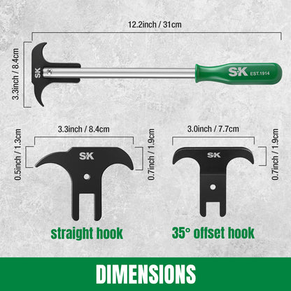 SK tool with measurements of different hooks on a gray background