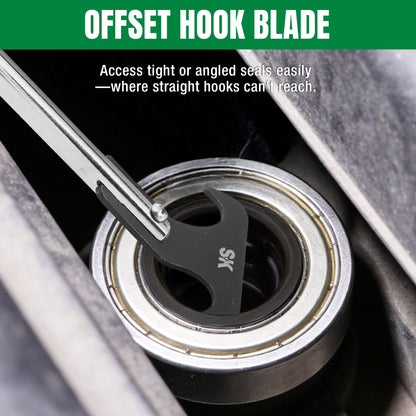 Offset hook blade tool being used on a mechanical component with text describing its use.
