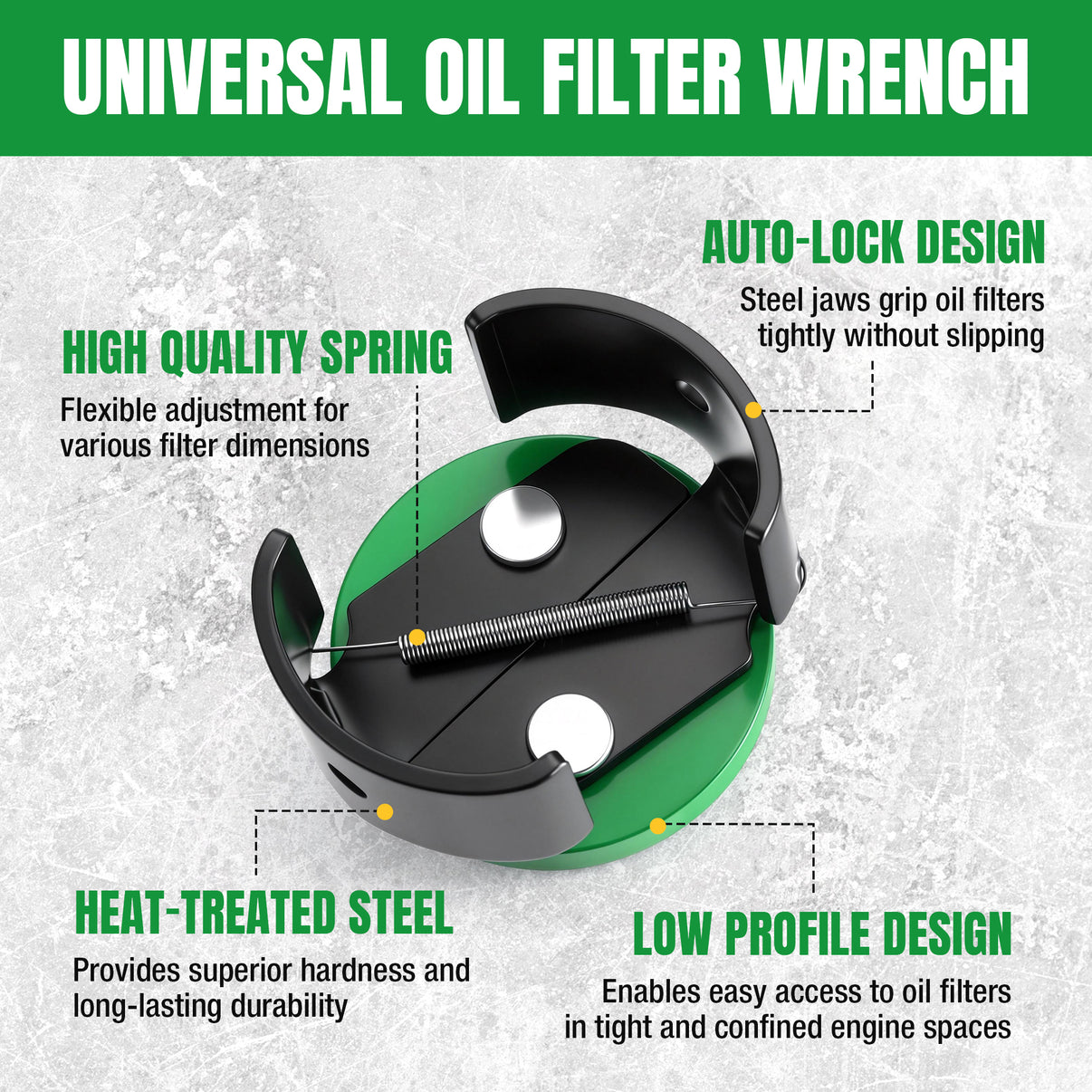 Universal oil filter wrench with features highlighted on a gray background