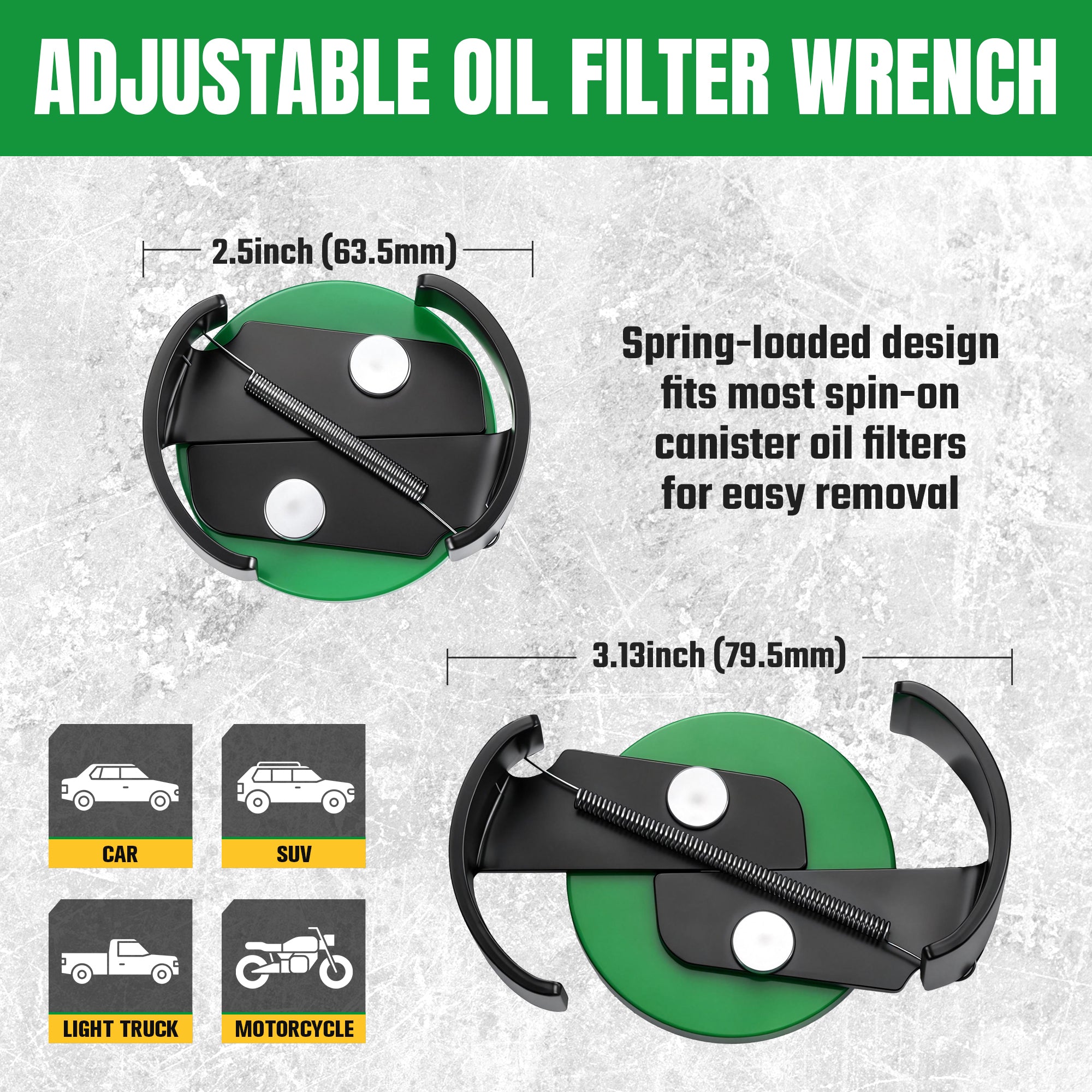 Adjustable oil filter wrench with measurements and compatibility icons on a textured background