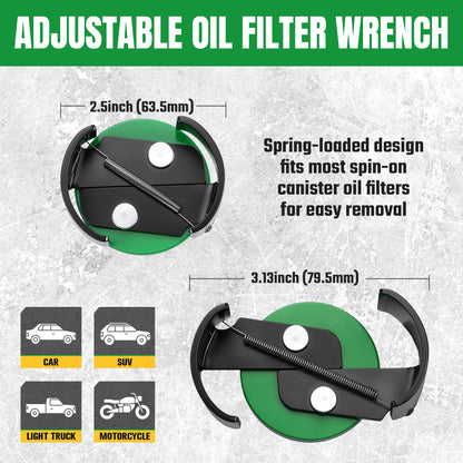 Adjustable oil filter wrench with measurements and compatibility icons on a textured background