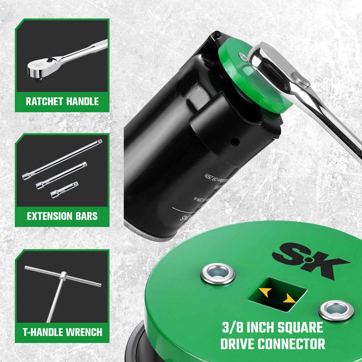 Screwdriver with ratchet handle, extension bars, and T-handle wrench on a gray background.