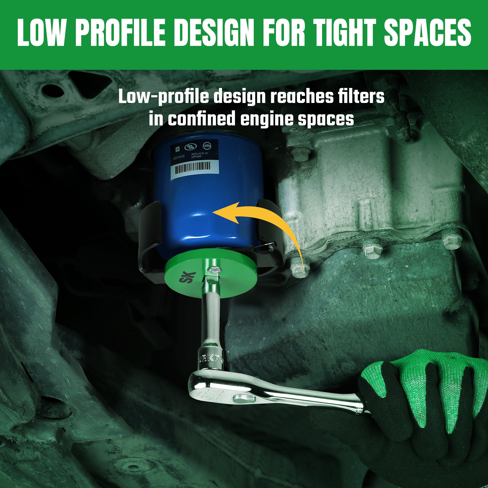 Blue filter being installed into a car engine with text about low-profile design.