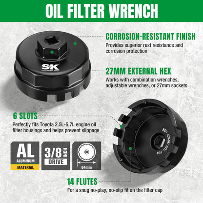 Oil filter wrench with features highlighted on a gray background