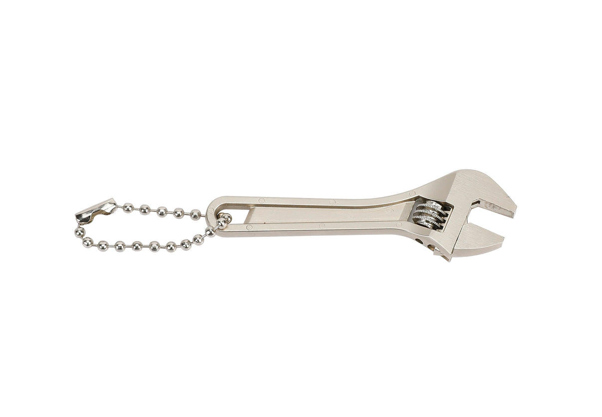 Metal adjustable wrench keychain on a white background