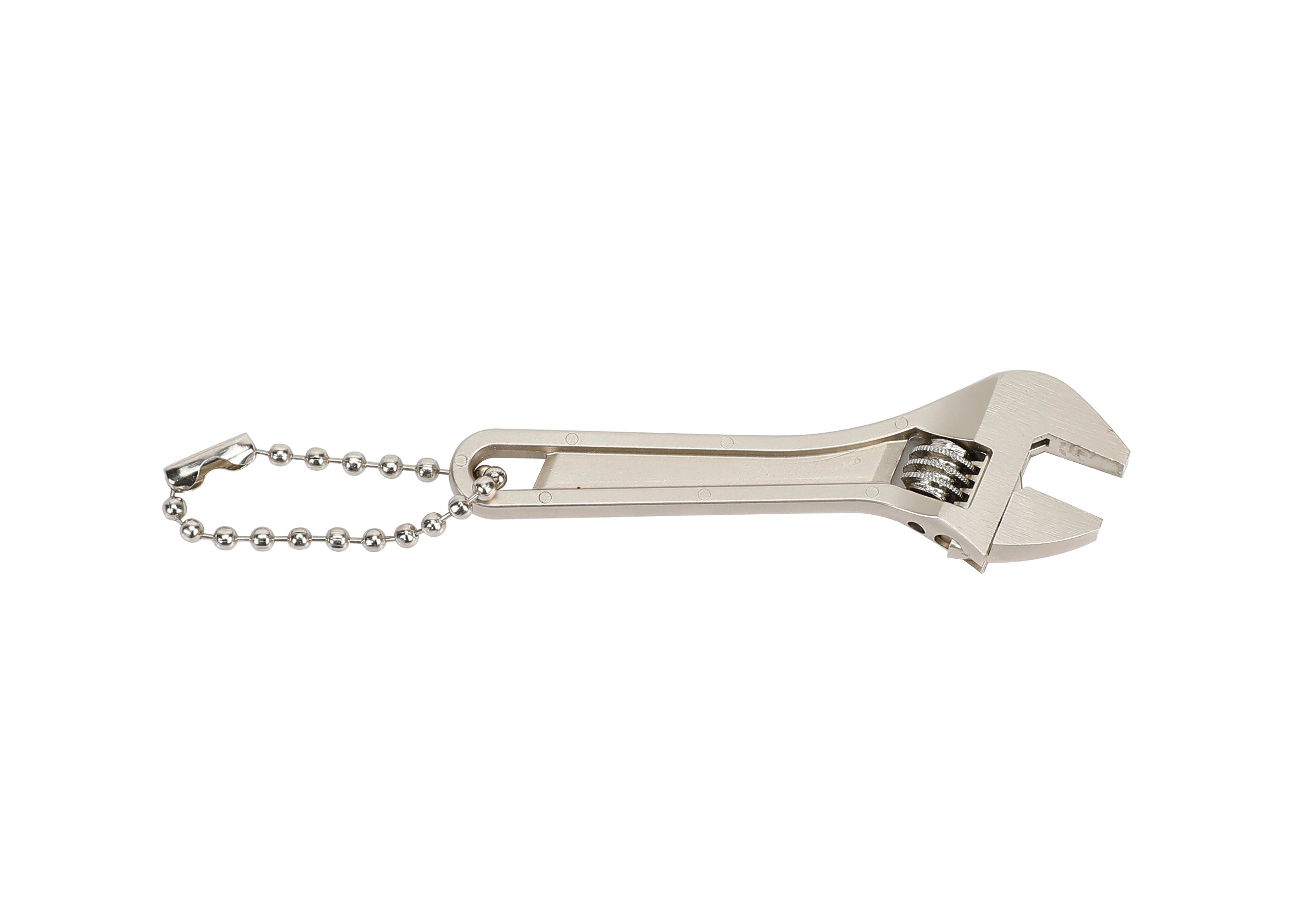 Metal adjustable wrench keychain on a white background
