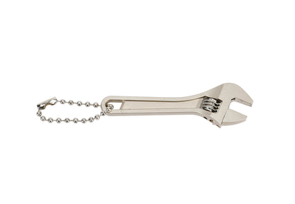 Metal adjustable wrench keychain on a white background