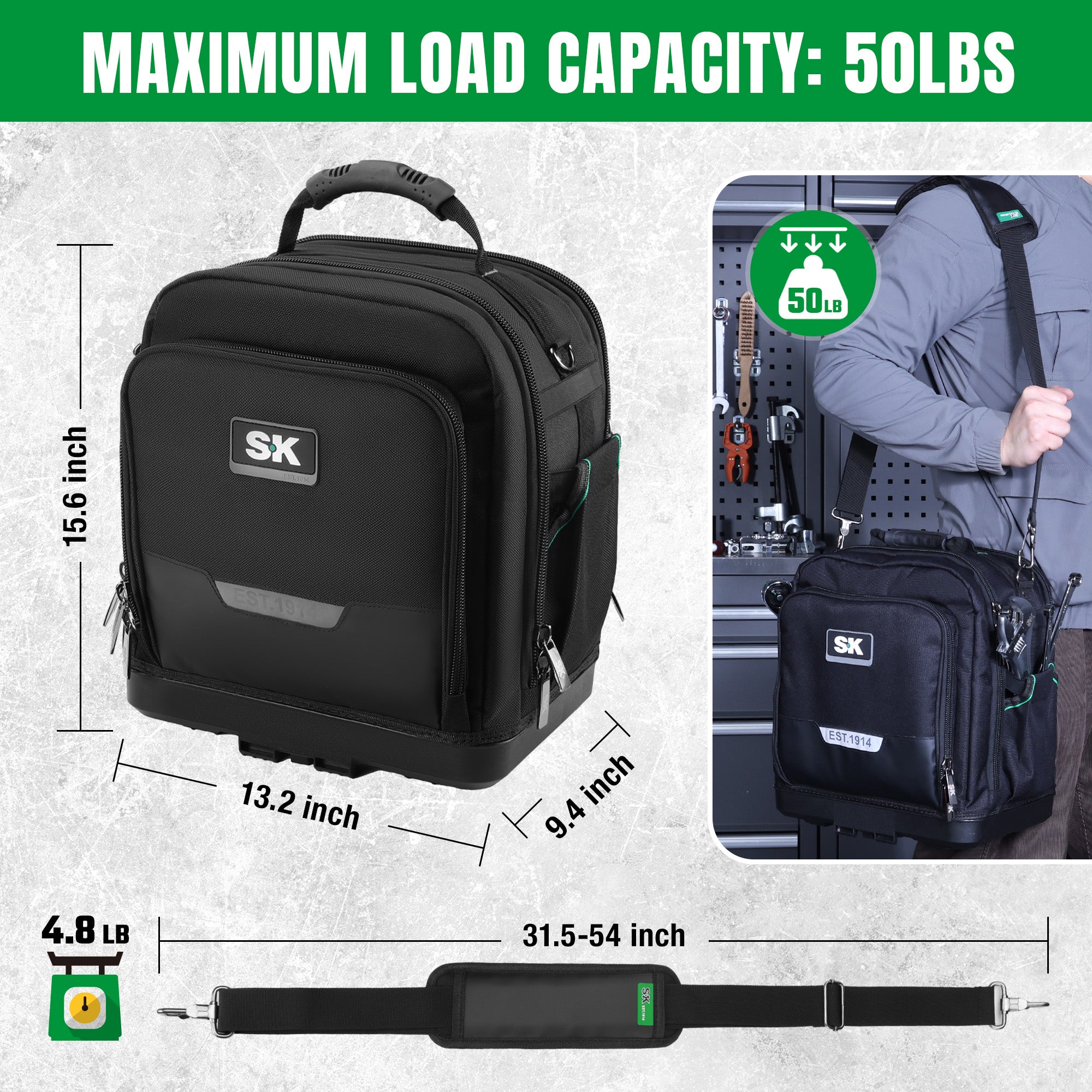 15" Service Tool Bag by SK Tools USA in black with padded shoulder strap and 50lbs load capacity