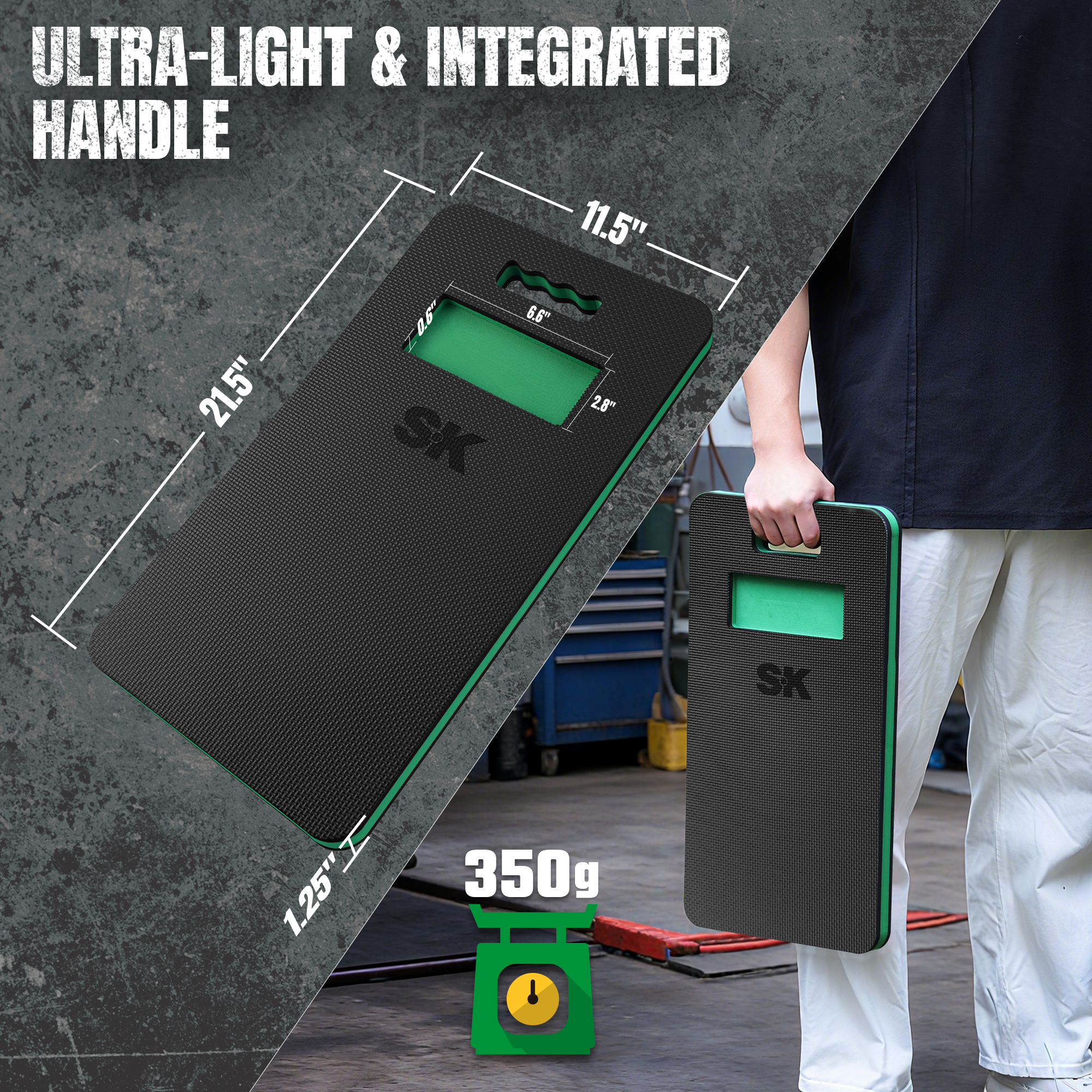 Ultra-light SK Tools USA heavy duty kneeling pad in black with integrated handle, measuring 11.5 x 21.5 inches