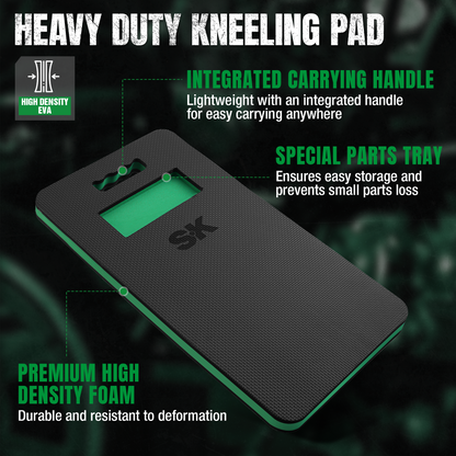 Extra large heavy duty kneeling pad by SK Tools USA, LLC in high density EVA with integrated carrying handle and parts tray