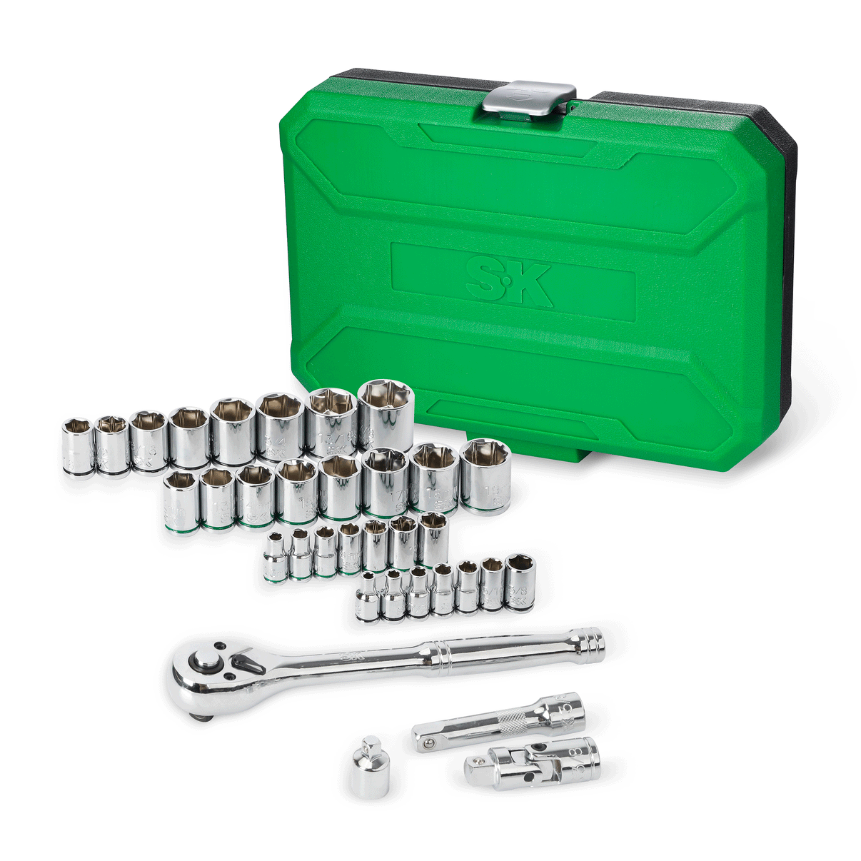 34-piece socket set by SK Tools USA with chrome sockets in a green storage case and various drive sizes