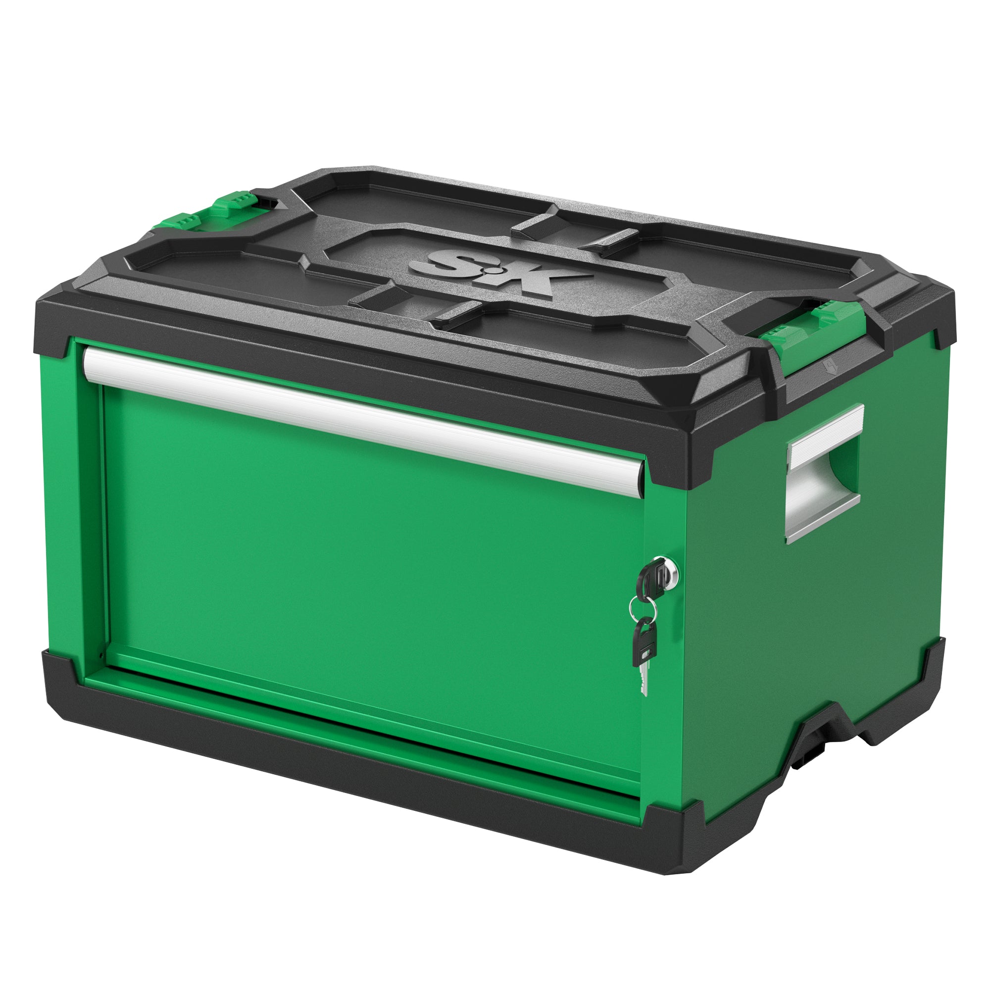Green SK Tools USA Modular Stackable Storage Toolbox with secure locking mechanism and durable plastic construction